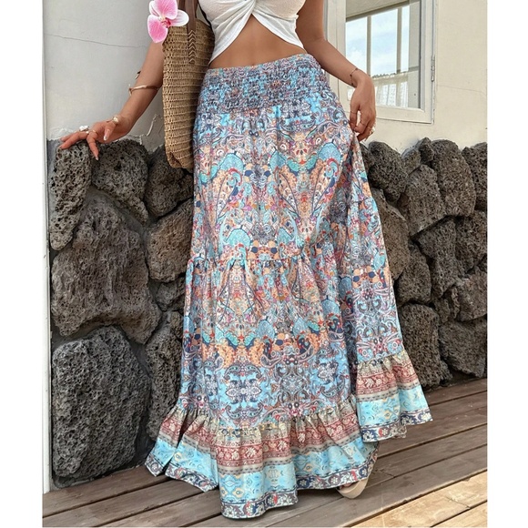 Boho Paisley Print Stretchy High Waisted Ruffle Hem Maxi Skirt - Picture 1 of 6